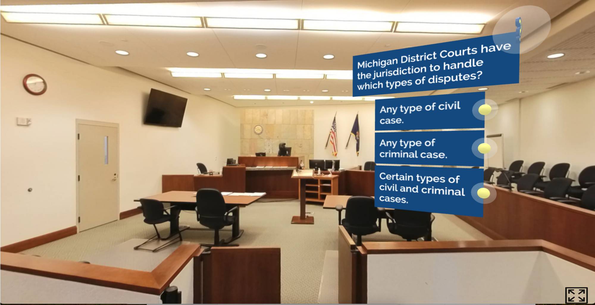 360&#186; Tour of a courtroom with a quiz embedded